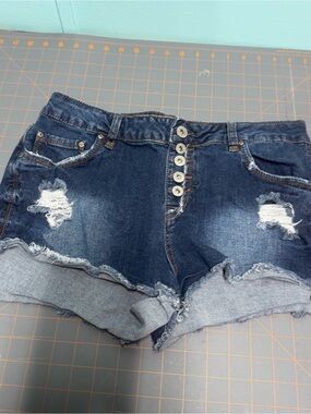 Rue21 Dark Wash Distressed Denim Shorts with Button Fly 11/12 high waisted short